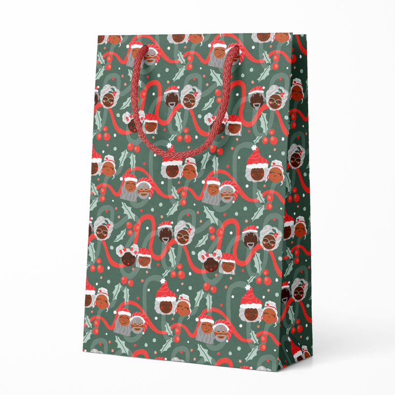 Black Santa Gift Bag featuring vibrant, festive designs showcasing Black Santa Claus, perfect for Christmas gifts, frontview.