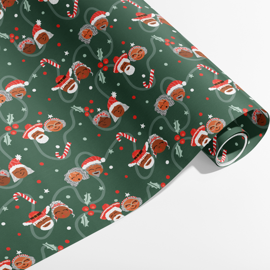 Roll of Holiday Swirl LantinX Wrapping Paper featuring a vibrant Brown Santa design, perfect for celebrating Christmas with cultural pride.